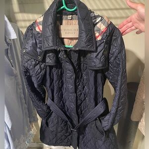XL Navy Burberry Brit Quilted Belted Mid Length Coat